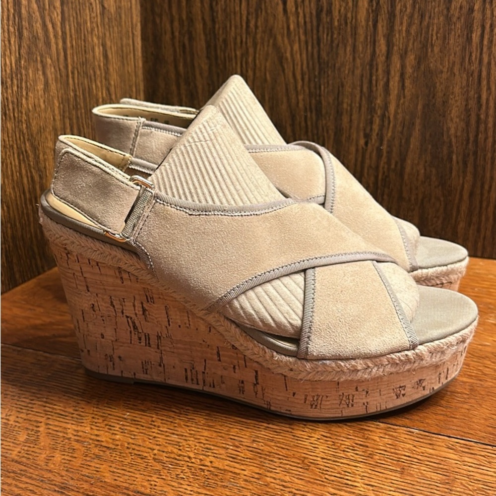 Franco Sarto brand, Beige suede leather wedge sandals, sz 8.5, cork look heels